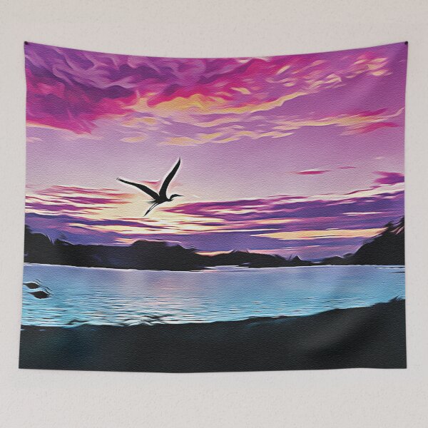 Item preview, Crane Flying on Lake Sunset - Oil Painting designed and sold by Unaiza Khalid.