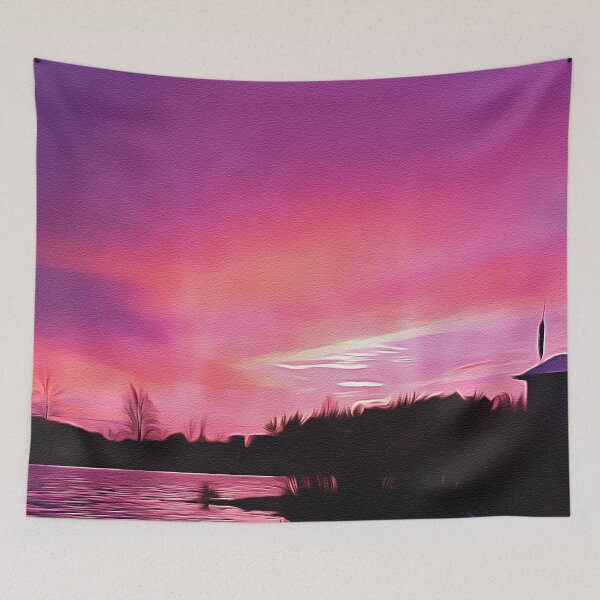 Item preview, Farm by the Lake - Purple Sunset - Oil Painting designed and sold by Unaiza Khalid.
