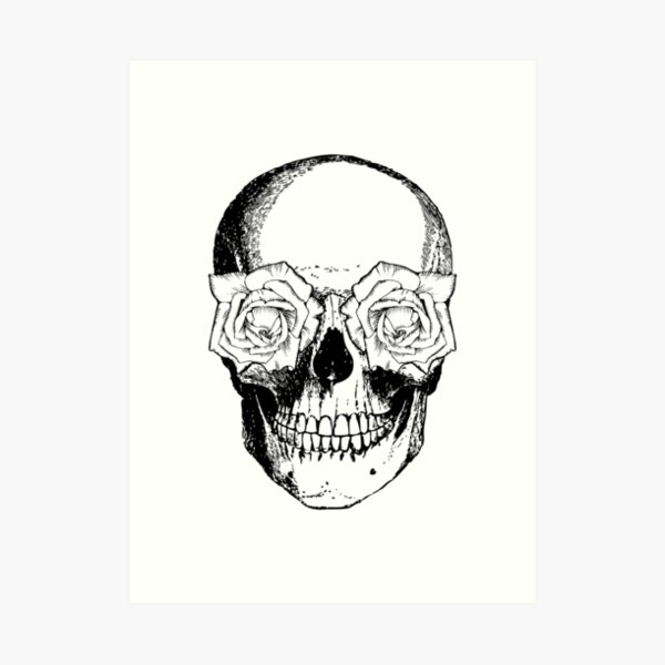 Skull and Roses | Skull and Flowers | Skulls and Skeletons | Vintage Skulls | Black and White | Art Print