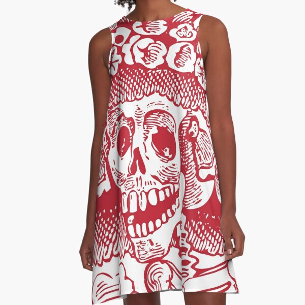 Calavera Catrina | Day of the Dead | Dia de los Muertos | Skulls and Skeletons | Vintage Skeletons | Red and White | A-Line Dress