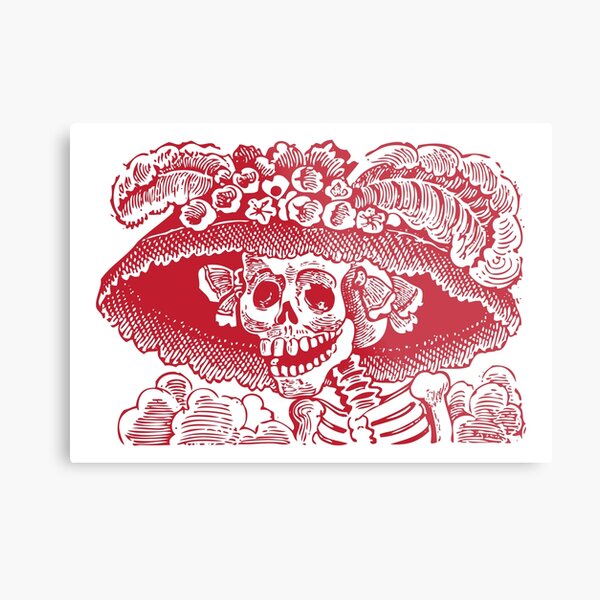 Calavera Catrina | Day of the Dead | Dia de los Muertos | Skulls and Skeletons | Vintage Skeletons | Red and White | Metal Print
