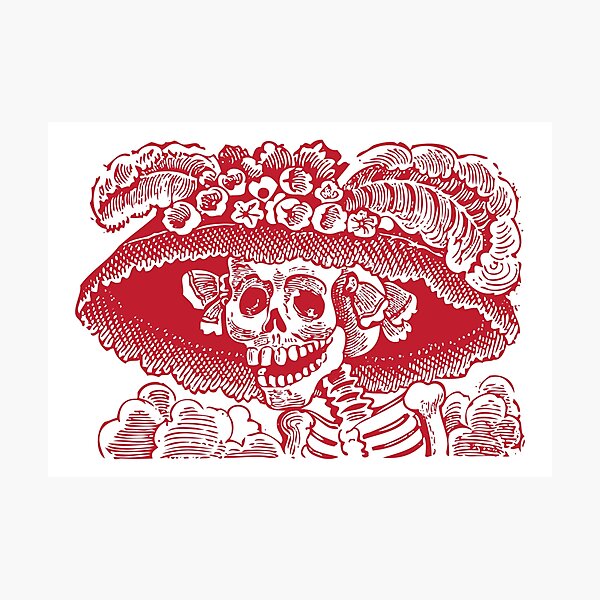 Calavera Catrina | Day of the Dead | Dia de los Muertos | Skulls and Skeletons | Vintage Skeletons | Red and White | Photographic Print