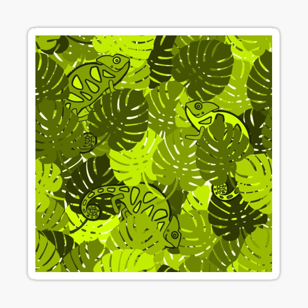 Chameleons of different shades of green hidden in the foliage of green Monstera leaves Sticker