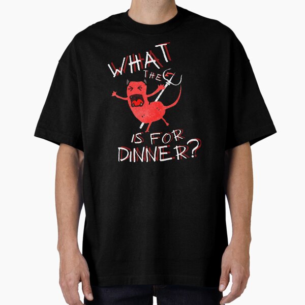 Vista previa del artículo con la obra «WTF es para la cena?, diablo de dibujos animados enojado con tenedor, juego de palabras divertido en la cocina, juego de palabras hilarante», diseñado y vendido por allycat57.