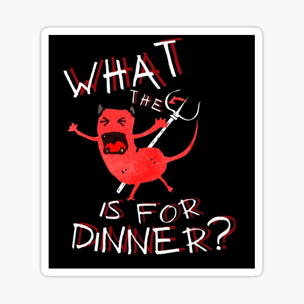 Vista previa del artículo con la obra «WTF es para la cena?, diablo de dibujos animados enojado con tenedor, juego de palabras divertido en la cocina, juego de palabras hilarante», diseñado y vendido por allycat57.