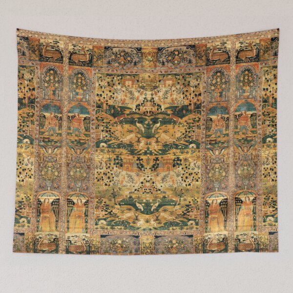 Item preview, ANIMALS AND HUMAN FIGURES WITH FLOWERS Flemish Style Persian Tapestry ,Yellow Green Blue Floral  designed and sold by BulganLumini.