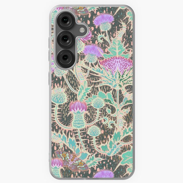 Aperçu de l'œuvre Chardon, papillon, papillon, chenille floral textural sur vert sauge créée et vendue par Ruth Cadioli.