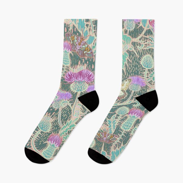 Item preview, Thistle, moth, butterfly, caterpillar textural floral on classic green designed and sold by Ruth Cadioli.