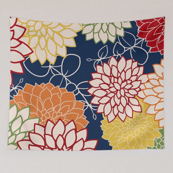 Artikelvorschau, Colorful Floral Blooms and Leaves on Navy Blue entworfen und verkauft von meggydesigns.