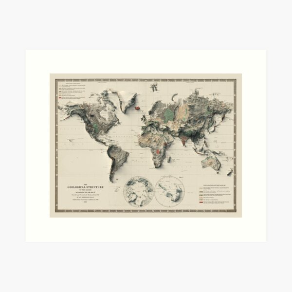 Vista previa del artículo con la obra «Mapa mundial en relieve de 1892 renderizado digitalmente en 3D», diseñado y vendido por ThinkAboutMaps.