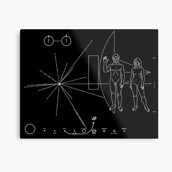 Nasa Pioneer Space Craft Plaque White Text on Black Alien Message Metal Print