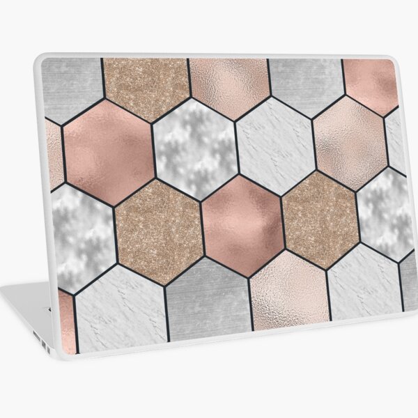 Marble hexagons and rose gold on black Laptop Skin