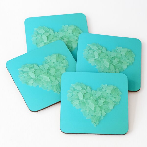 Item preview, Sea Foam Sea Glass in Heart Shape on Turquoise Background Coastal Decor designed and sold by Beachy.