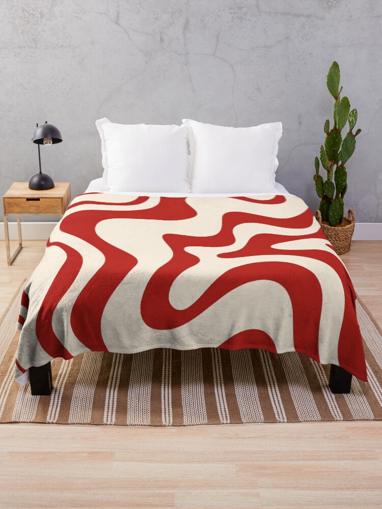 Thumbnail 1 of 6, Throw Blanket, Retro Liquid Swirl Abstract Pattern in Red and Almond Cream designed and sold by kierkegaard.