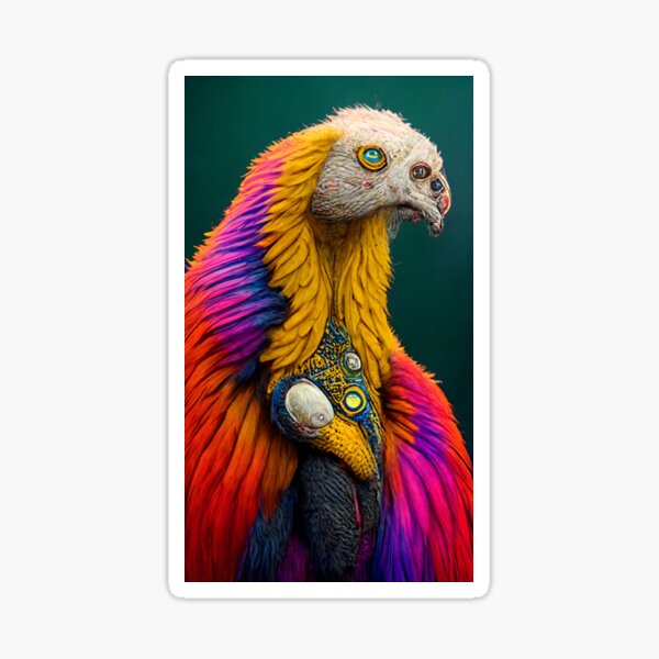 A fantasy portrait of an unusual bird in a fairy-tale elfin forest. Fabulous flower garden and cute fantasy birds. Sticker