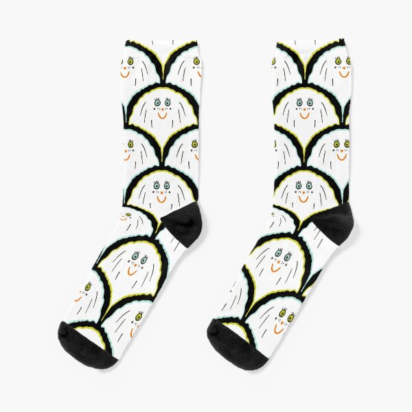 Cheerful spooky white Halloween ghosts in scale form with bright green and vintage blue outlines on a black background Socks