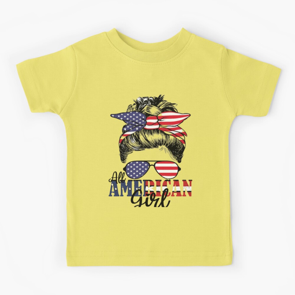  All American Girl 4th Of July Shirt Women Messy Bun USA Flag T- Shirt : Clothing, Shoes & Jewelry