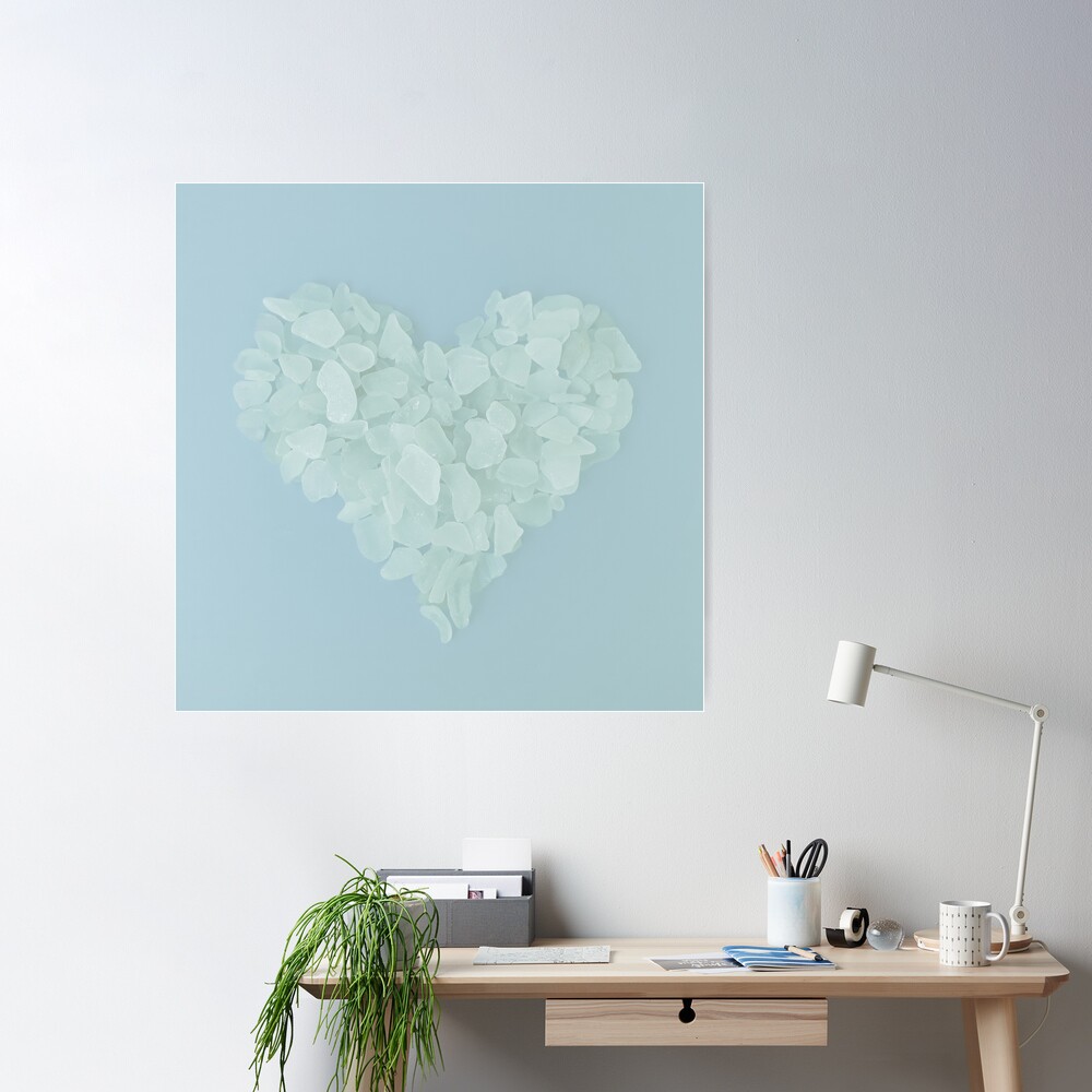 Soft Blue Sea Glass in Heart Shape on Lilac Background Soft Girl
