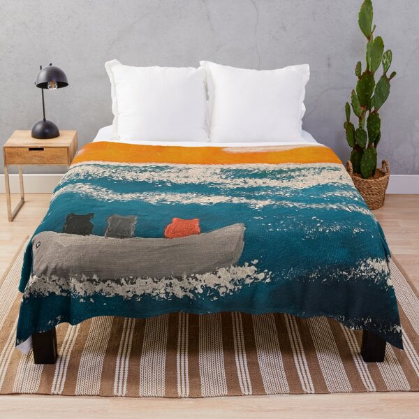Item preview, Three cats in a boat on the ocean with orange sky designed and sold by catladyjoy.