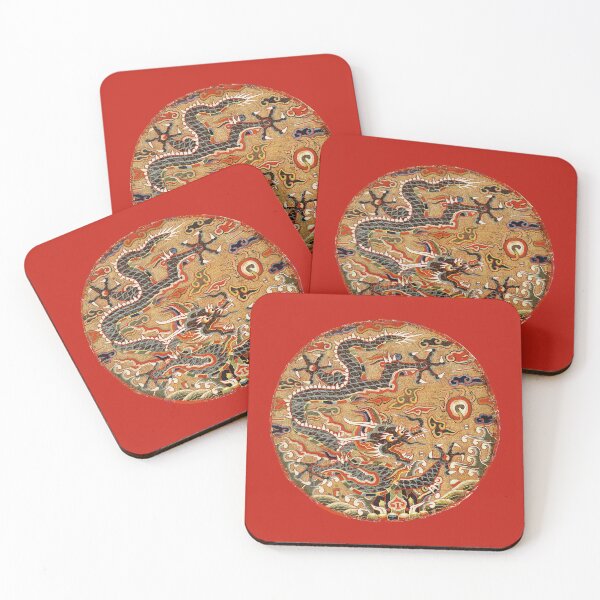 Item preview, FIVE CLAWED BLACK DRAGON AMONG FLORAL SWIRLS Chinese Embroidery in Red designed and sold by BulganLumini.