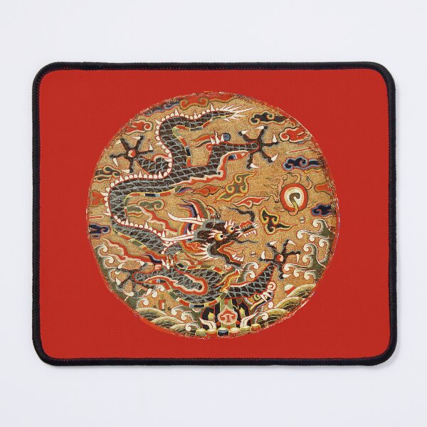 Item preview, FIVE CLAWED BLACK DRAGON AMONG FLORAL SWIRLS Chinese Embroidery in Red designed and sold by BulganLumini.