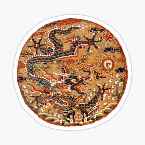 Item preview, FIVE CLAWED BLACK DRAGON AMONG FLORAL SWIRLS Chinese Embroidery in Red designed and sold by BulganLumini.