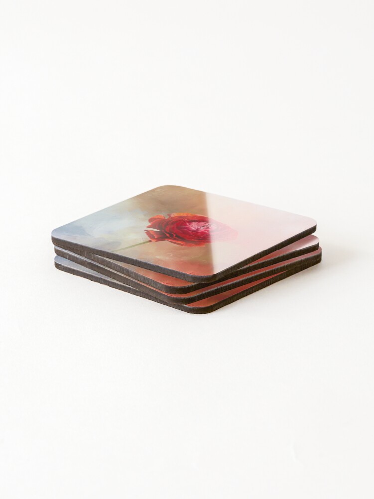 Thumbnail 4 of 5, Coasters (Set of 4), Bright Red Ranunculus One designed and sold by fineart2017.