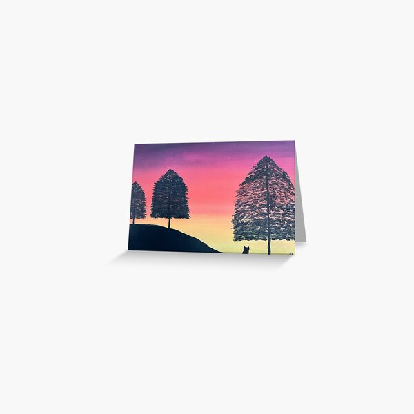A black cat watching the sunset with three trees Greeting Card
