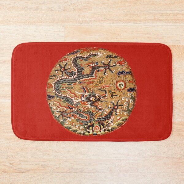 Item preview, FIVE CLAWED BLACK DRAGON AMONG FLORAL SWIRLS Chinese Embroidery in Red designed and sold by BulganLumini.