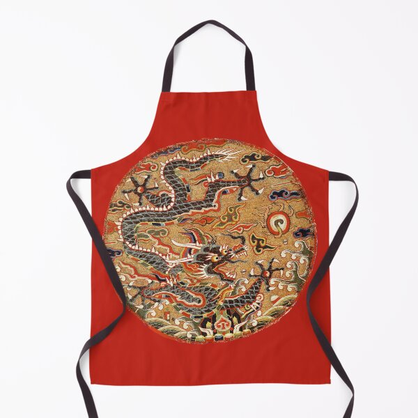 Item preview, FIVE CLAWED BLACK DRAGON AMONG FLORAL SWIRLS Chinese Embroidery in Red designed and sold by BulganLumini.