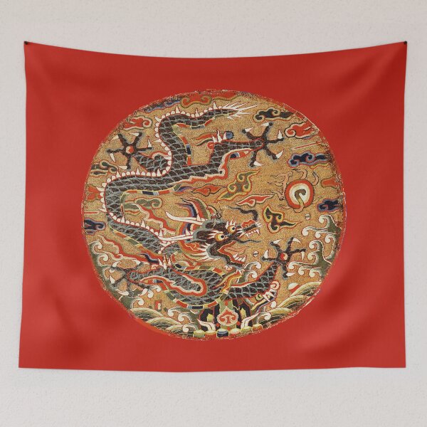 Item preview, FIVE CLAWED BLACK DRAGON AMONG FLORAL SWIRLS Chinese Embroidery in Red designed and sold by BulganLumini.