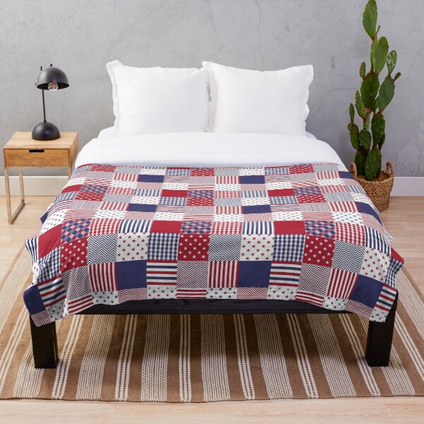 USA Americana Patchwork Red White & Blue Quilt Throw Blanket