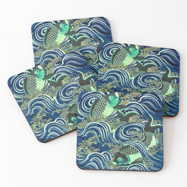 Item preview, Asian Fish Art: Carp in Waves during Meiji period; blue, green illustration; Japanese art classic designed and sold by mbuz90.