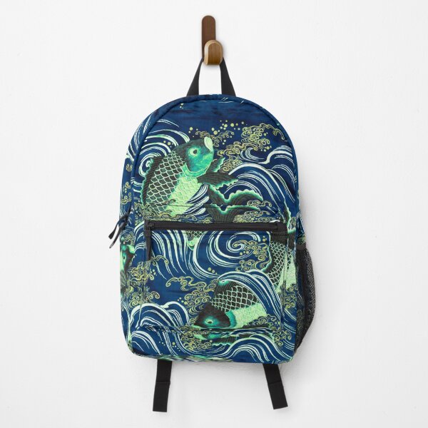 Item preview, Asian Fish Art: Carp in Waves during Meiji period; blue, green illustration; Japanese art classic designed and sold by mbuz90.