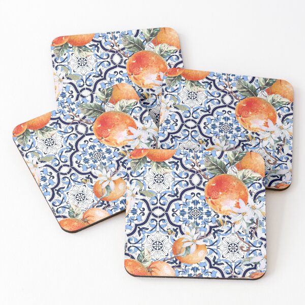 Item preview, Blue Ornate Orange Citrus Floral Mediterranean Sicilian Tile designed and sold by SydneyPapierCo.
