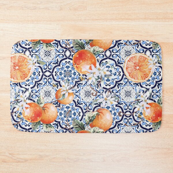 Item preview, Blue Ornate Orange Citrus Floral Mediterranean Sicilian Tile designed and sold by SydneyPapierCo.