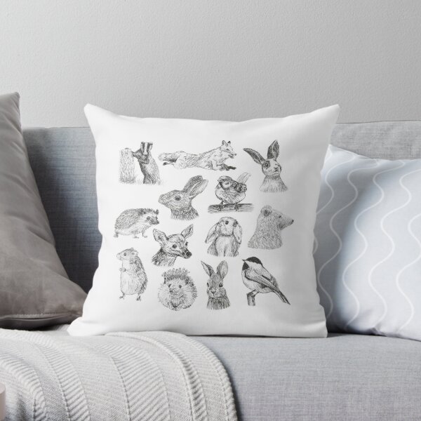 Sketched Woodland Creatures Throw Pillow