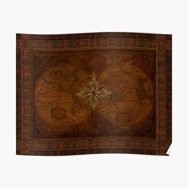 Steampunk Compass Rose & Antique Map Poster