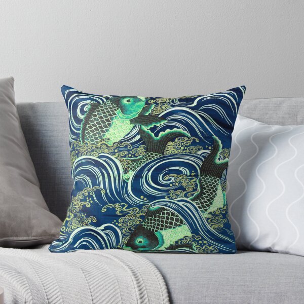 Item preview, Asian Fish Art: Carp in Waves during Meiji period; blue, green illustration; Japanese art classic designed and sold by mbuz90.