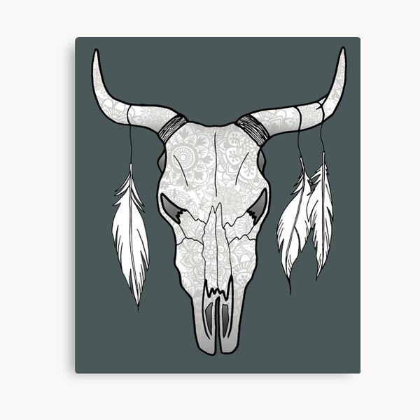 Floral Bull Skull with Feathers Canvas Print