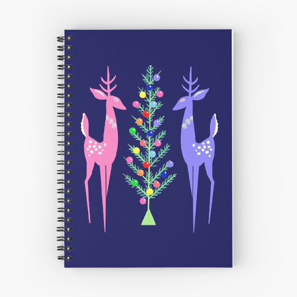 Item preview, Vintage Mid Century Modern inspired Christmas Tree with Deer, Navy Blue background designed and sold by FlippinTurtles.