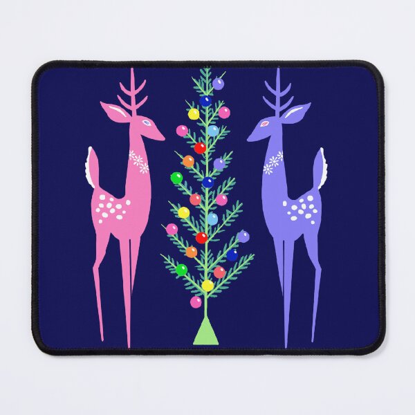 Item preview, Vintage Mid Century Modern inspired Christmas Tree with Deer, Navy Blue background designed and sold by FlippinTurtles.