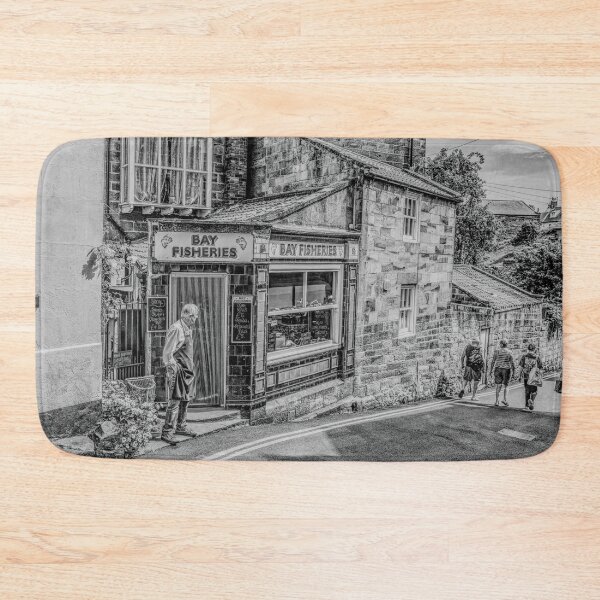 Item preview, Robin Hoods Bay Fish Mongers Bay Fisheries Picturesque Black and White Street Scene Artistic Photograph designed and sold by skyfilming.