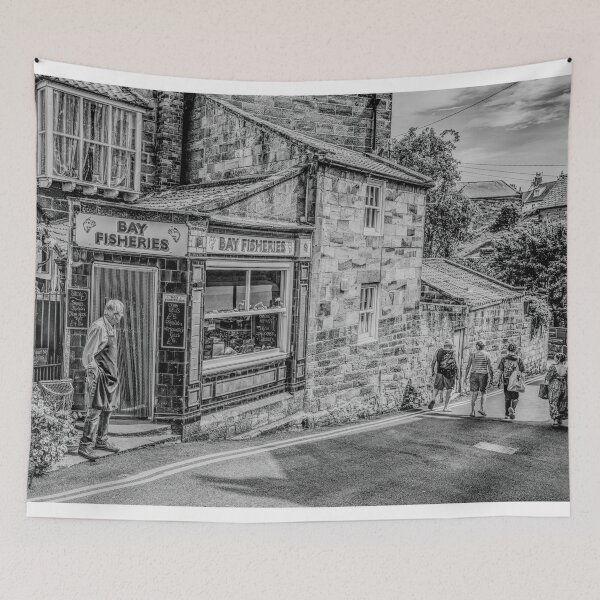 Item preview, Robin Hoods Bay Fish Mongers Bay Fisheries Picturesque Black and White Street Scene Artistic Photograph designed and sold by skyfilming.