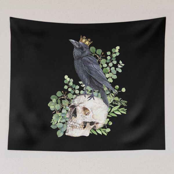 Item preview, Black raven with skull and crow, skeleton eucaliptus leaves designed and sold by Collagedream.