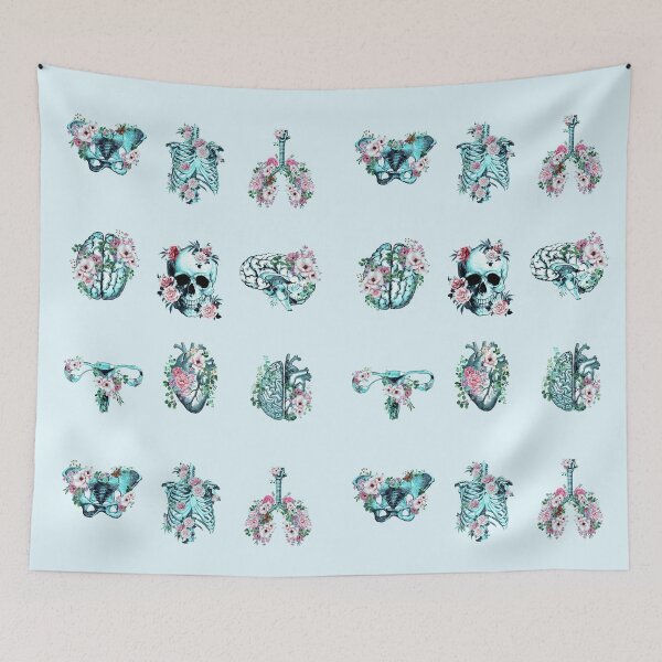 Item preview, Turquoise and pink Human anatomy, parts of human anatomy, heart, brain, lungs, skull with delicate pink roses designed and sold by Collagedream.