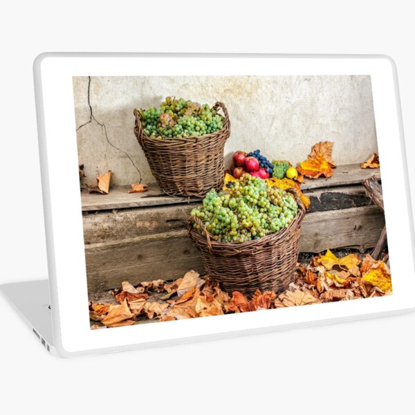 autumnal still life with fruit and leaves on a wooden base Laptop Skin