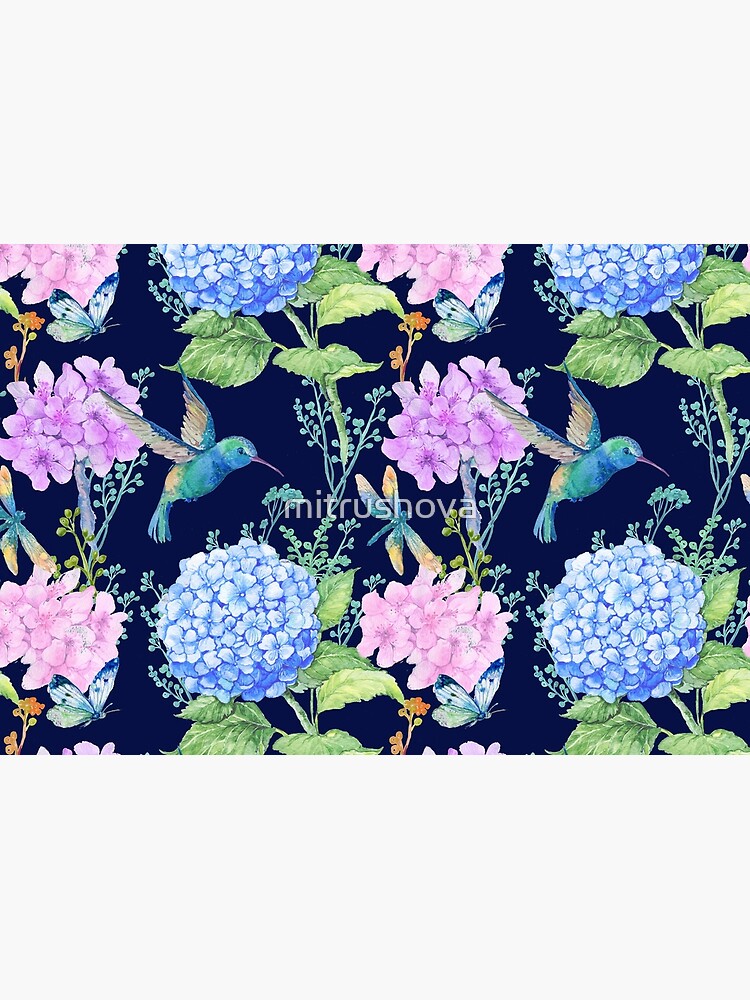 seamless pattern,watercolor flowers, butterflies and a little bird,Hummingbird,pattern for textile design,Wallpaper by mitrushova
