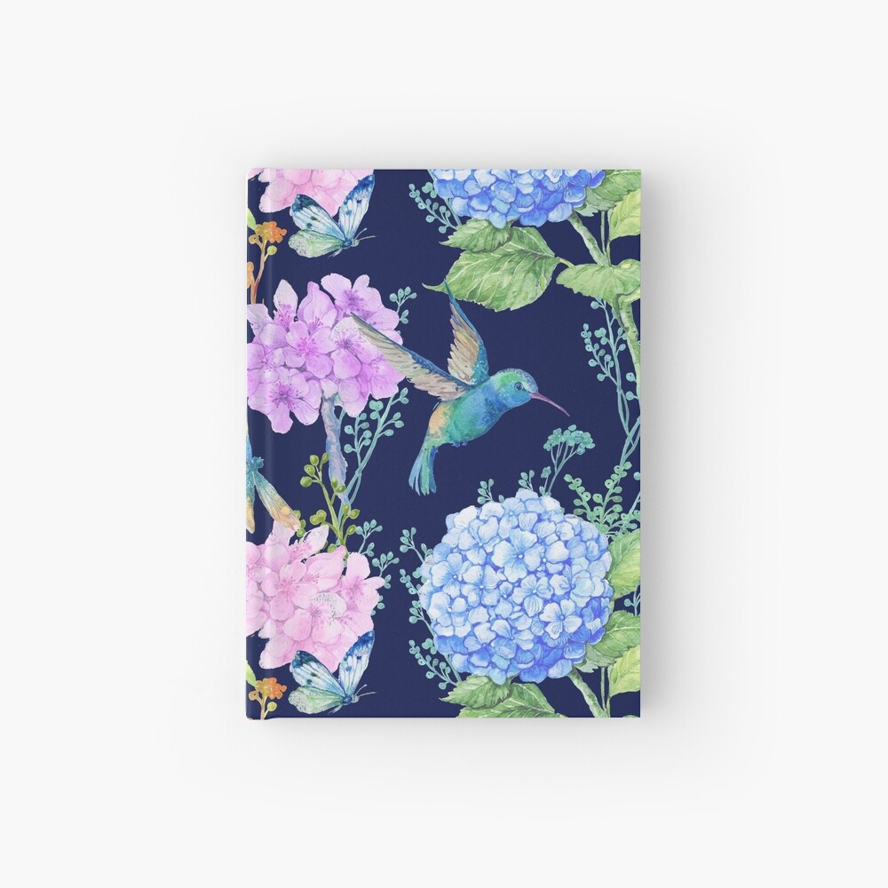 seamless pattern,watercolor flowers, butterflies and a little bird,Hummingbird,pattern for textile design,Wallpaper Hardcover Journal