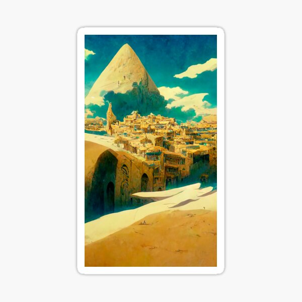An amazing city in the sunny desert. Sand dunes in a hot desert. A fabulous fantasy ancient city in the desert. Sticker